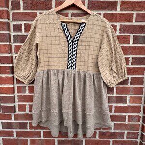Oddy Tunic Top Womens Small Brown Textured Neutral Relaxed Fit Boho Peasant